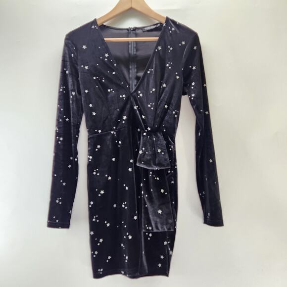 Double Crazy V-Neck Star print Velvet Wrap Mini Dress Size S Ruched Bodycon - Picture 6 of 13